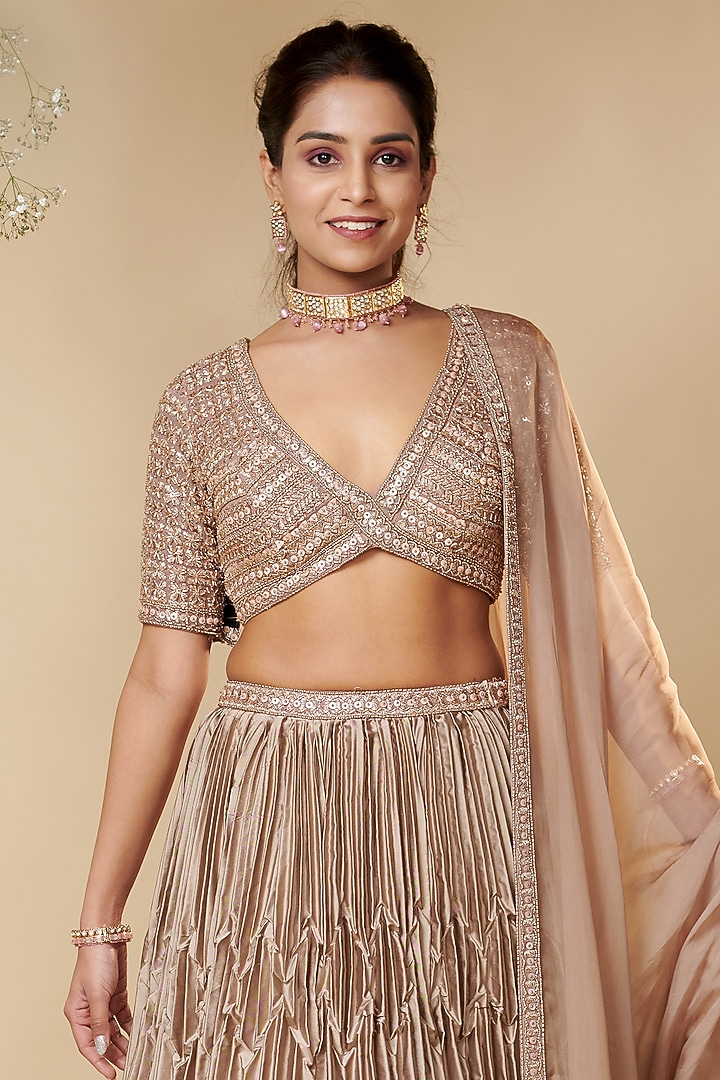 Rose Brown Taffeta Wedding Lehenga Set by Reeti Arneja at Pernia's Pop Up Shop