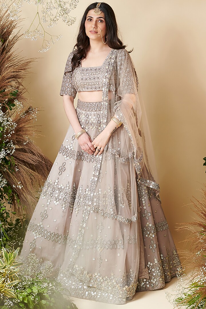 Brownish Grey Organza Embroidered Wedding Lehenga Set by Reeti Arneja at Pernia's Pop Up Shop