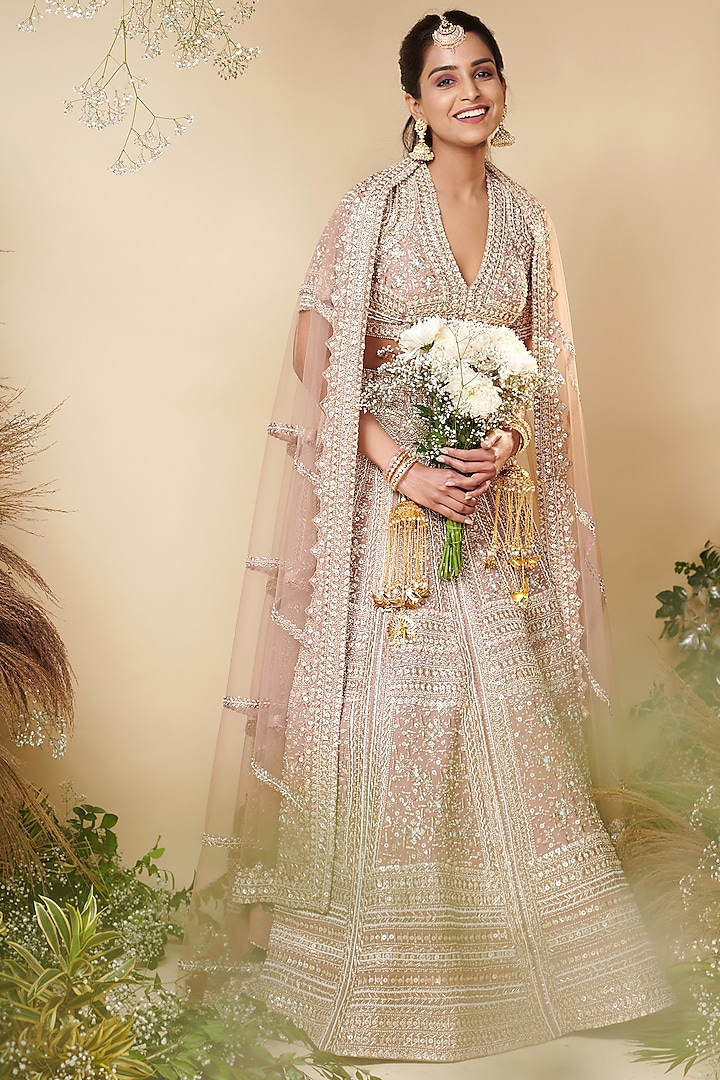 Rose Brown Organza Embroidered Bridal Lehenga Set by Reeti Arneja at Pernia's Pop Up Shop