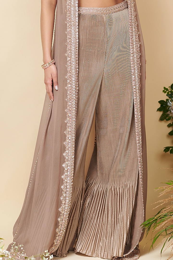 Rose Brown Taffeta Pleated Wedding Sharara Set by Reeti Arneja at Pernia's Pop Up Shop