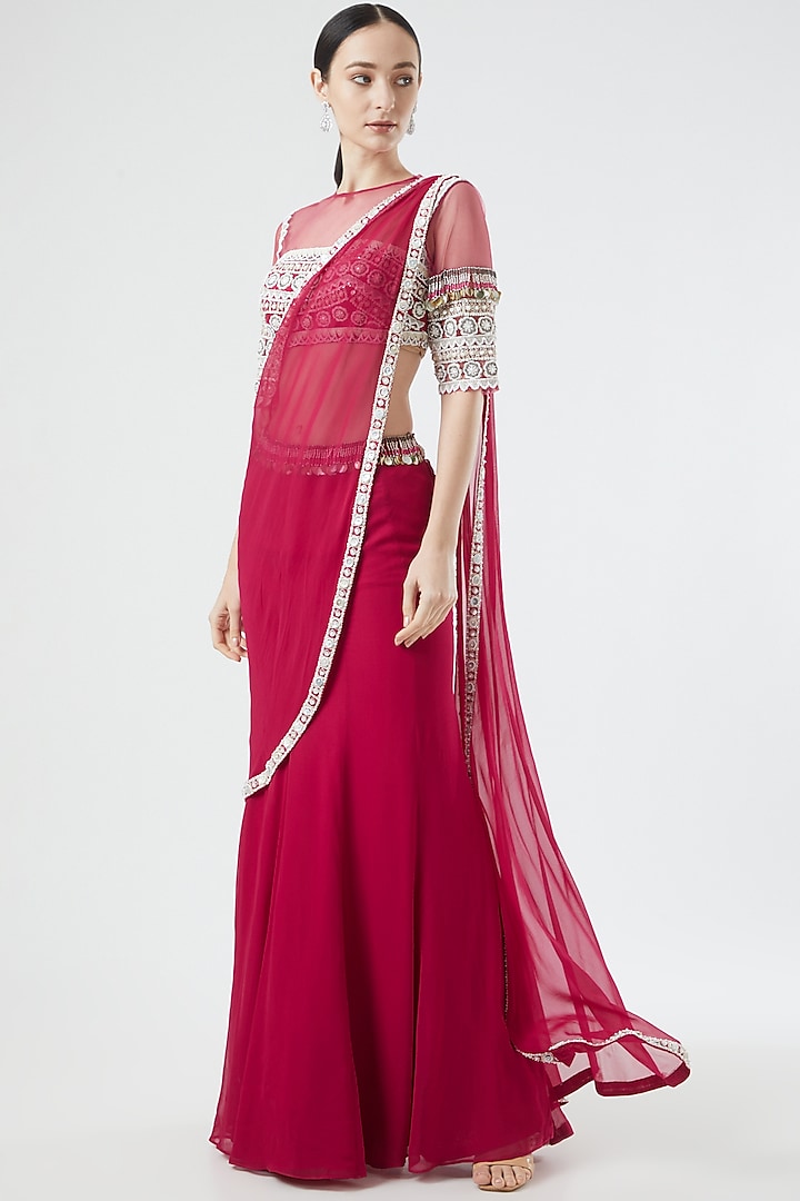 Fuchsia Pink Georgette Pre-Stitched Saree Set by Reeti Arneja