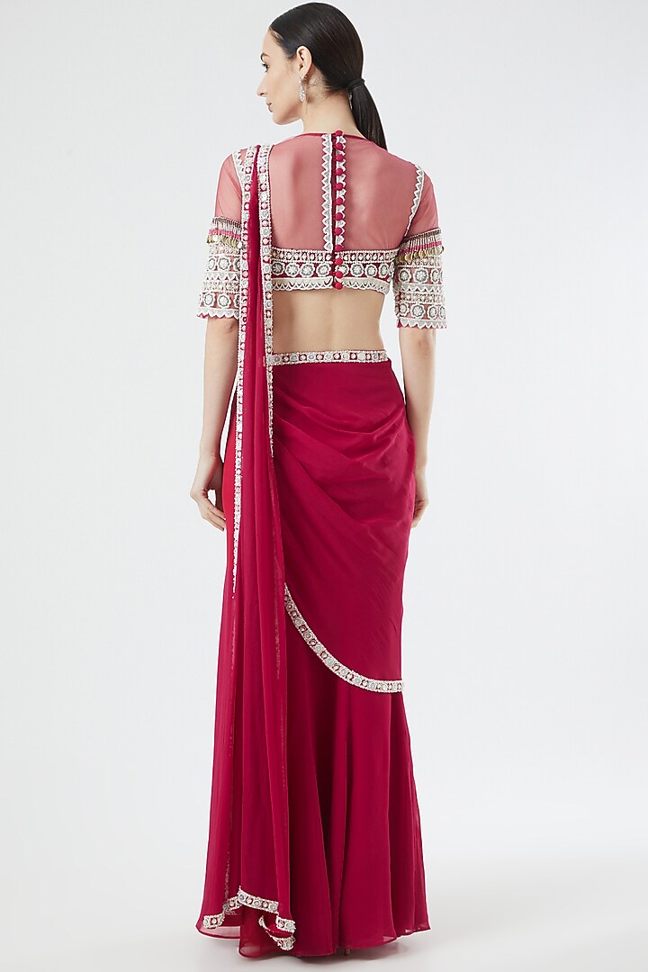 Fuchsia Pink Georgette Pre-Stitched Wedding Saree Set by Reeti Arneja at Pernia's Pop Up Shop