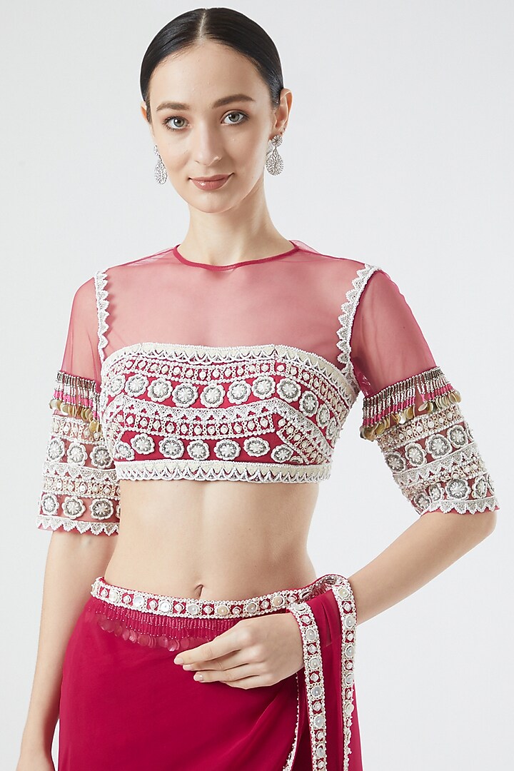 Fuchsia Pink Georgette Pre-Stitched Wedding Saree Set by Reeti Arneja at Pernia's Pop Up Shop