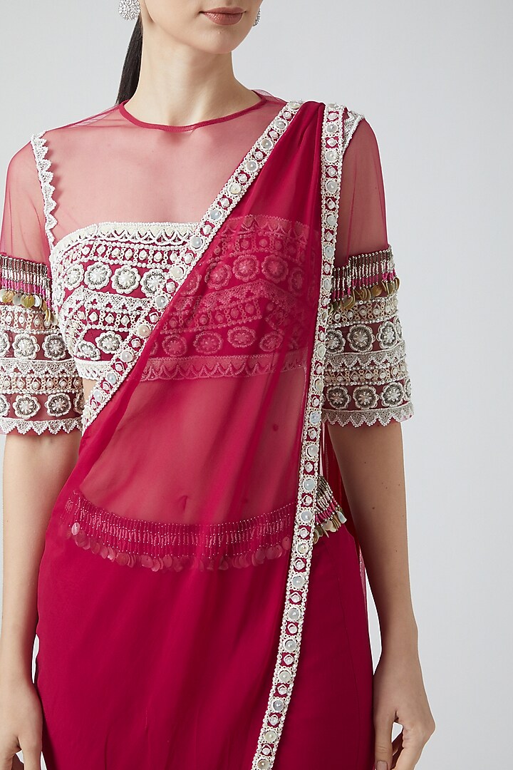 Fuchsia Pink Georgette Pre-Stitched Wedding Saree Set by Reeti Arneja at Pernia's Pop Up Shop