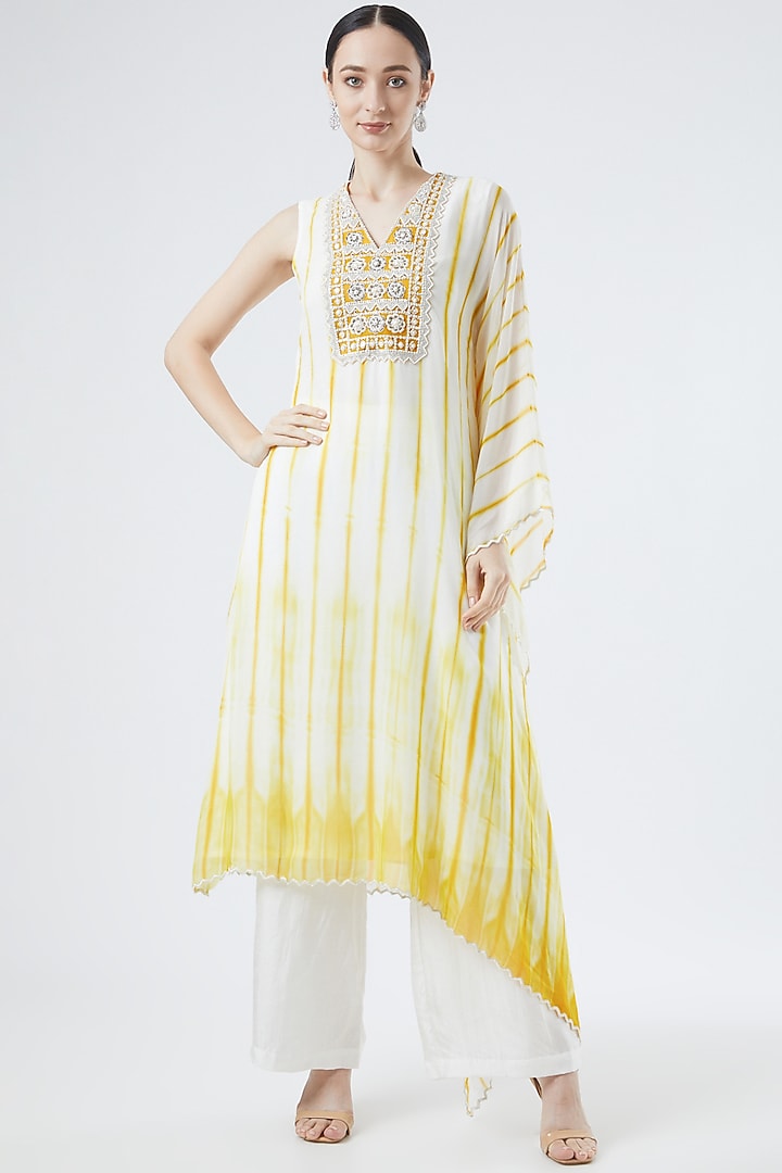 Yellow & White Printed Kaftan Set by Reeti Arneja