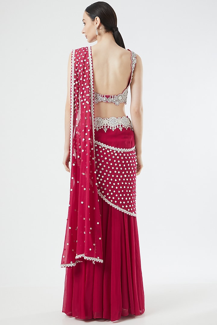Fuchsia Embroidered Pre-Stitched Reception Saree Set by Reeti Arneja at Pernia's Pop Up Shop