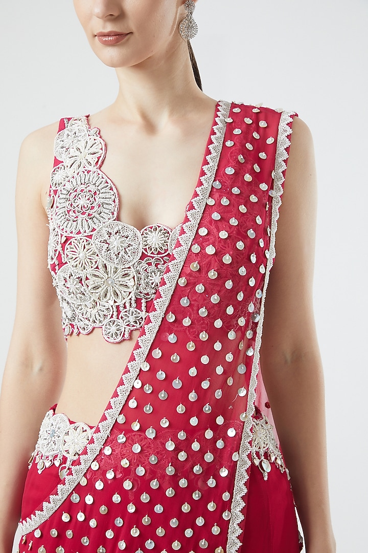 Fuchsia Embroidered Pre-Stitched Reception Saree Set by Reeti Arneja at Pernia's Pop Up Shop