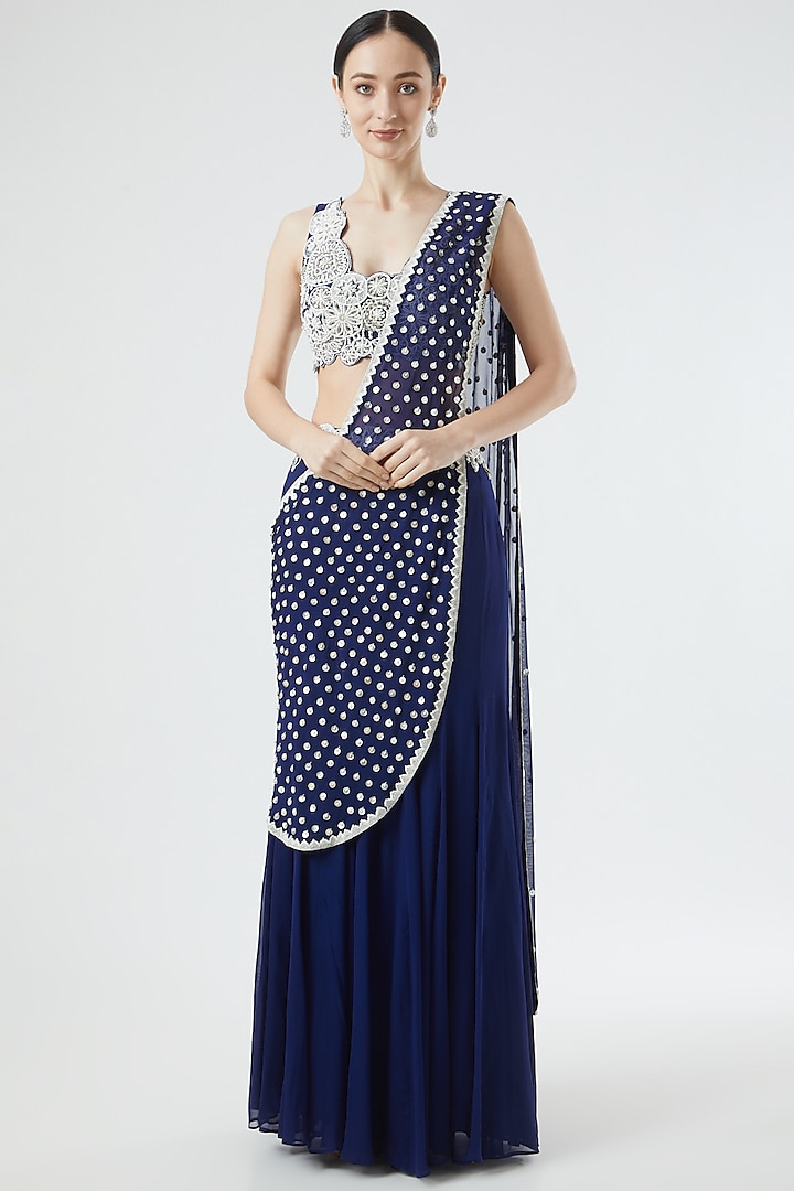 Cobalt Blue Embroidered Pre-Stitched Saree Set by Reeti Arneja