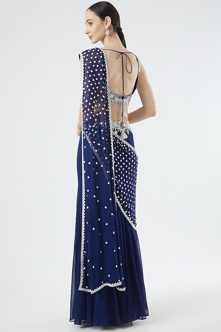 Cobalt Blue Embroidered Pre-Stitched Reception Saree Set by Reeti Arneja at Pernia's Pop Up Shop