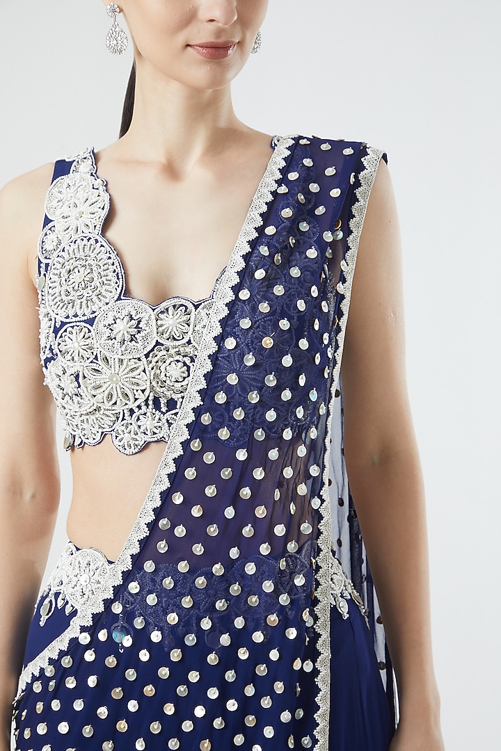 Cobalt Blue Embroidered Pre-Stitched Reception Saree Set by Reeti Arneja at Pernia's Pop Up Shop