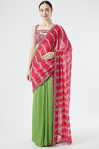 Pink & Green Georgette Tie-Dye Printed Saree Set by Reeti Arneja