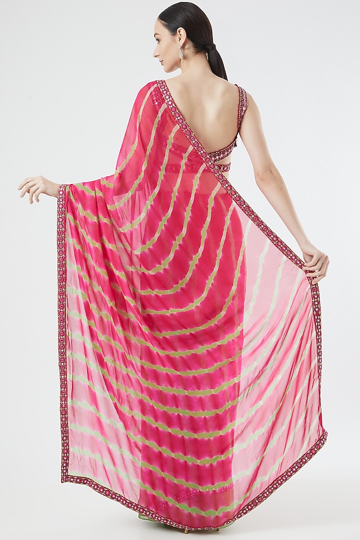 Pink & Green Georgette Tie-Dye Printed Wedding Saree Set by Reeti Arneja at Pernia's Pop Up Shop