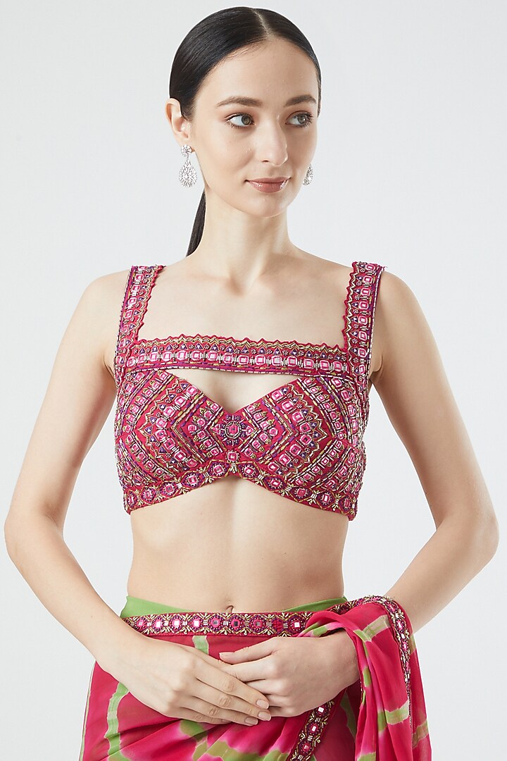 Pink & Green Georgette Tie-Dye Printed Wedding Saree Set by Reeti Arneja at Pernia's Pop Up Shop