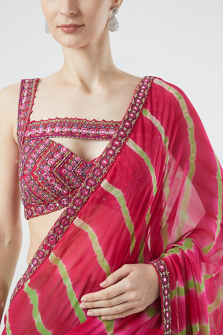 Pink & Green Georgette Tie-Dye Printed Wedding Saree Set by Reeti Arneja at Pernia's Pop Up Shop