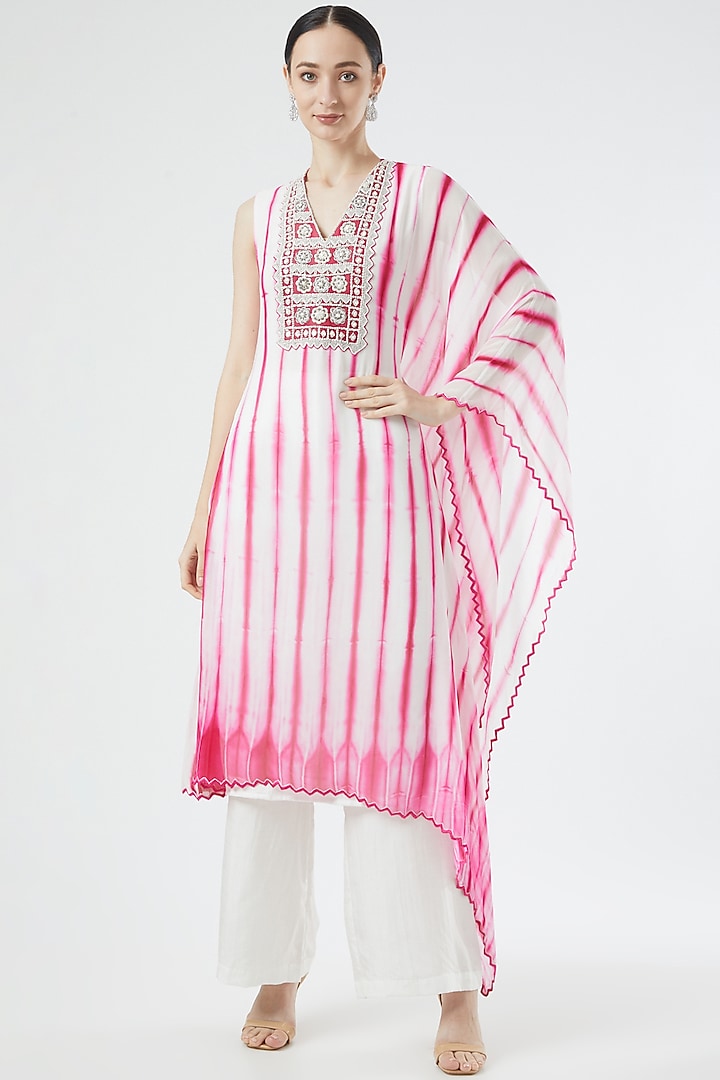 Pink & White Printed Kaftan Set by Reeti Arneja
