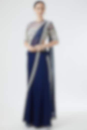 Cobalt Blue Georgette Pre-Stitched Saree Set by Reeti Arneja