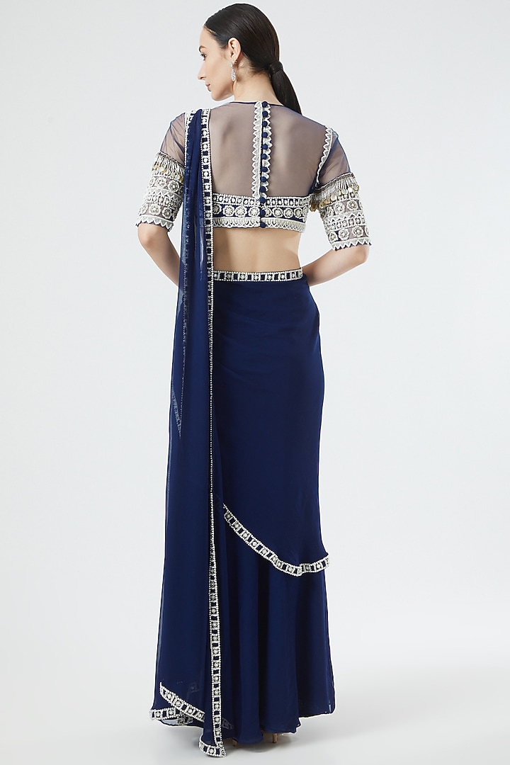 Cobalt Blue Georgette Pre-Stitched Wedding Saree Set by Reeti Arneja at Pernia's Pop Up Shop
