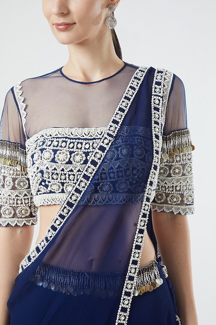 Cobalt Blue Georgette Pre-Stitched Wedding Saree Set by Reeti Arneja at Pernia's Pop Up Shop