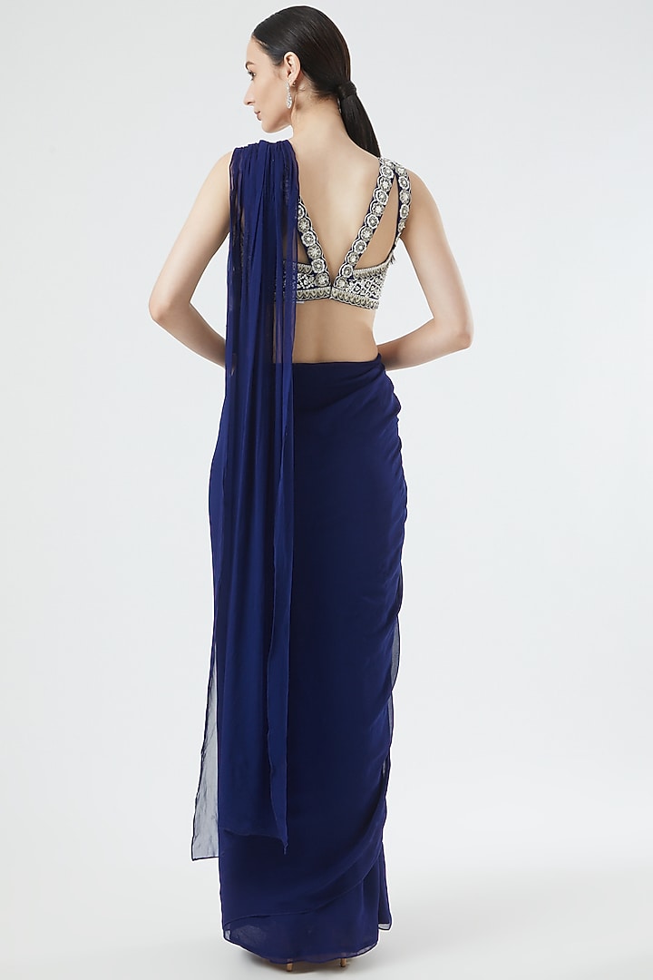Cobalt Blue Georgette Embroidered Pre-Stitched Reception Saree Set by Reeti Arneja at Pernia's Pop Up Shop