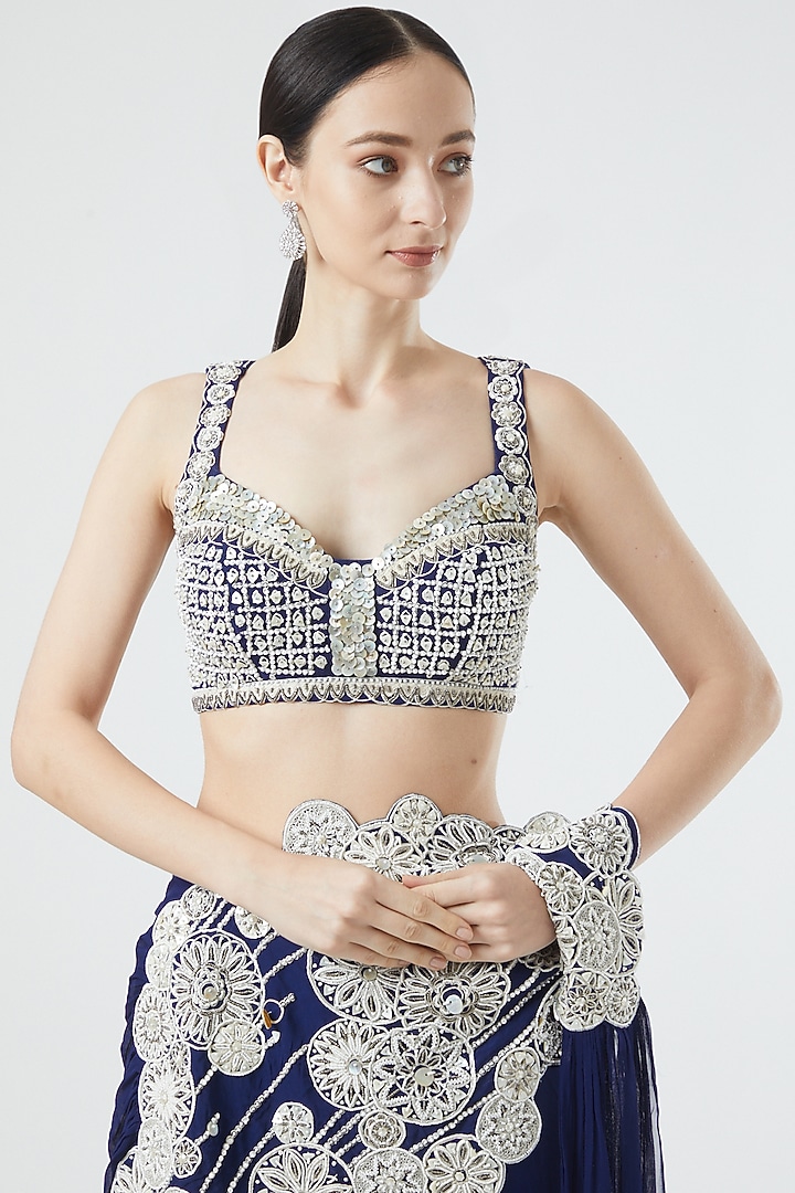 Cobalt Blue Georgette Embroidered Pre-Stitched Reception Saree Set by Reeti Arneja at Pernia's Pop Up Shop