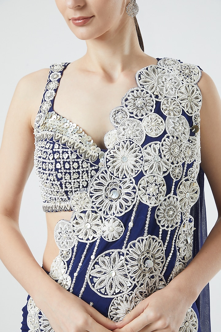Cobalt Blue Georgette Embroidered Pre-Stitched Reception Saree Set by Reeti Arneja at Pernia's Pop Up Shop
