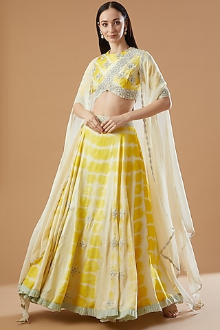 Ivory & Yellow Organza Printed Lehenga Set by Reeti Arneja