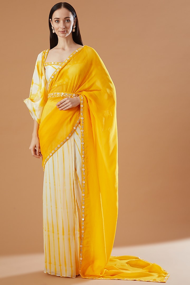 Ivory & Yellow Printed Saree Set by Reeti Arneja