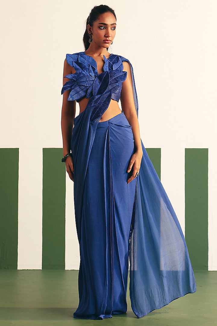 Cobalt Blue Chinon Pre-stitched Gathered Saree Set by Reeti Arneja