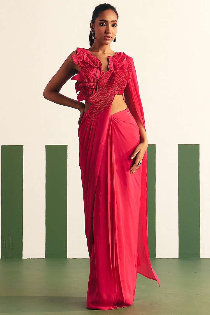 Magenta Pink Chinon Pre-stitched Gathered Saree Set by Reeti Arneja