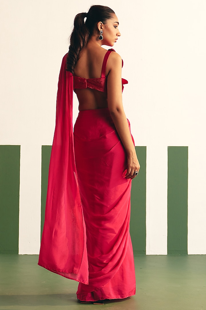 Magenta Pink Chinon Pre-stitched Gathered Party Wear Saree Set by THE KLUB BY REETI ARNEJA at Pernia's Pop Up Shop