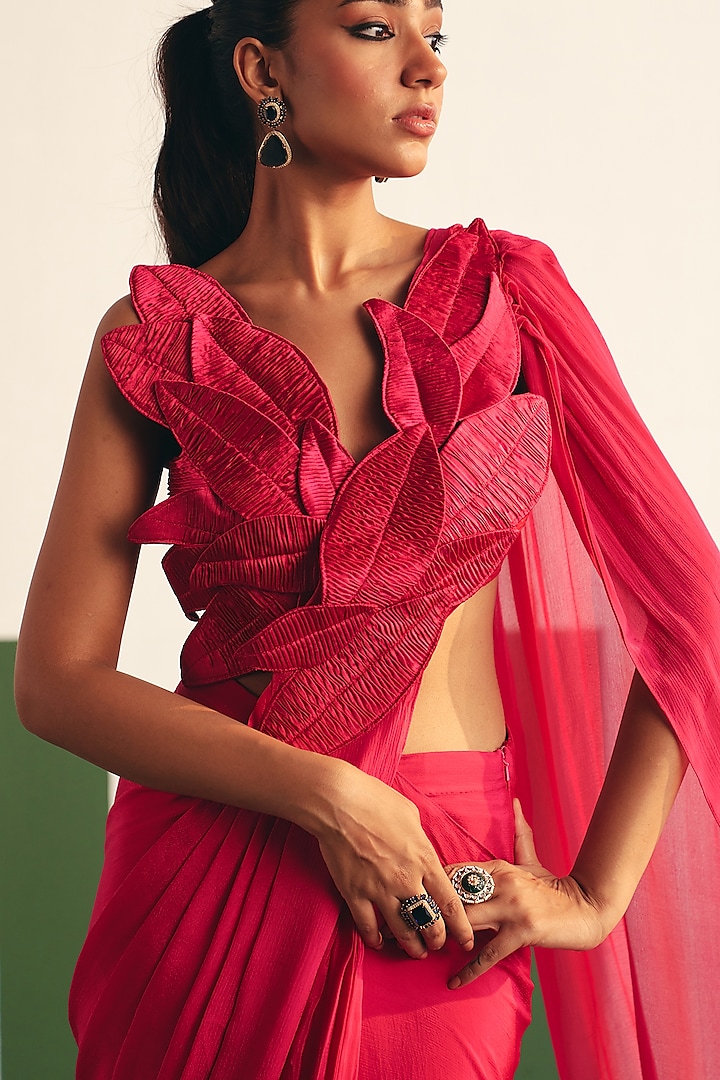 Magenta Pink Chinon Pre-stitched Gathered Party Wear Saree Set by THE KLUB BY REETI ARNEJA at Pernia's Pop Up Shop