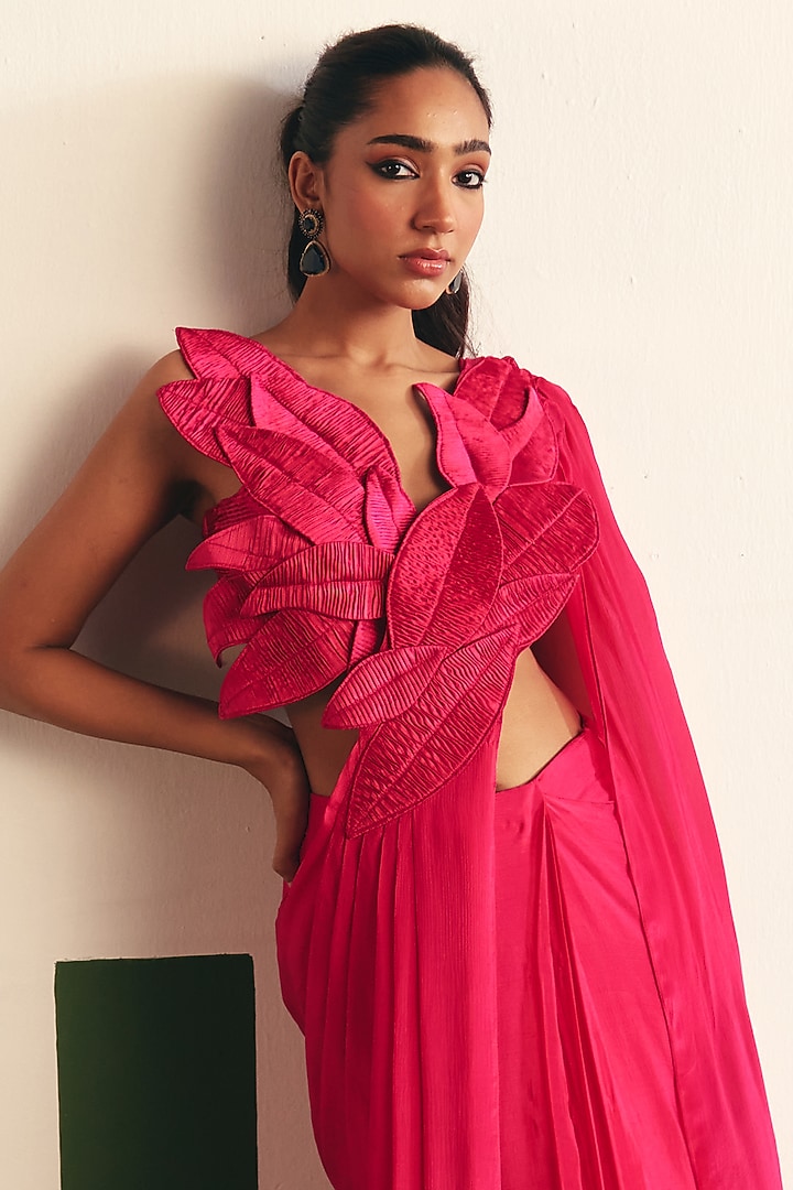 Magenta Pink Chinon Pre-stitched Gathered Party Wear Saree Set by THE KLUB BY REETI ARNEJA at Pernia's Pop Up Shop
