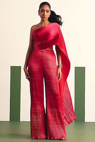 Magenta Pink Pleated Satin Draped Jumpsuit by THE KLUB BY REETI ARNEJA