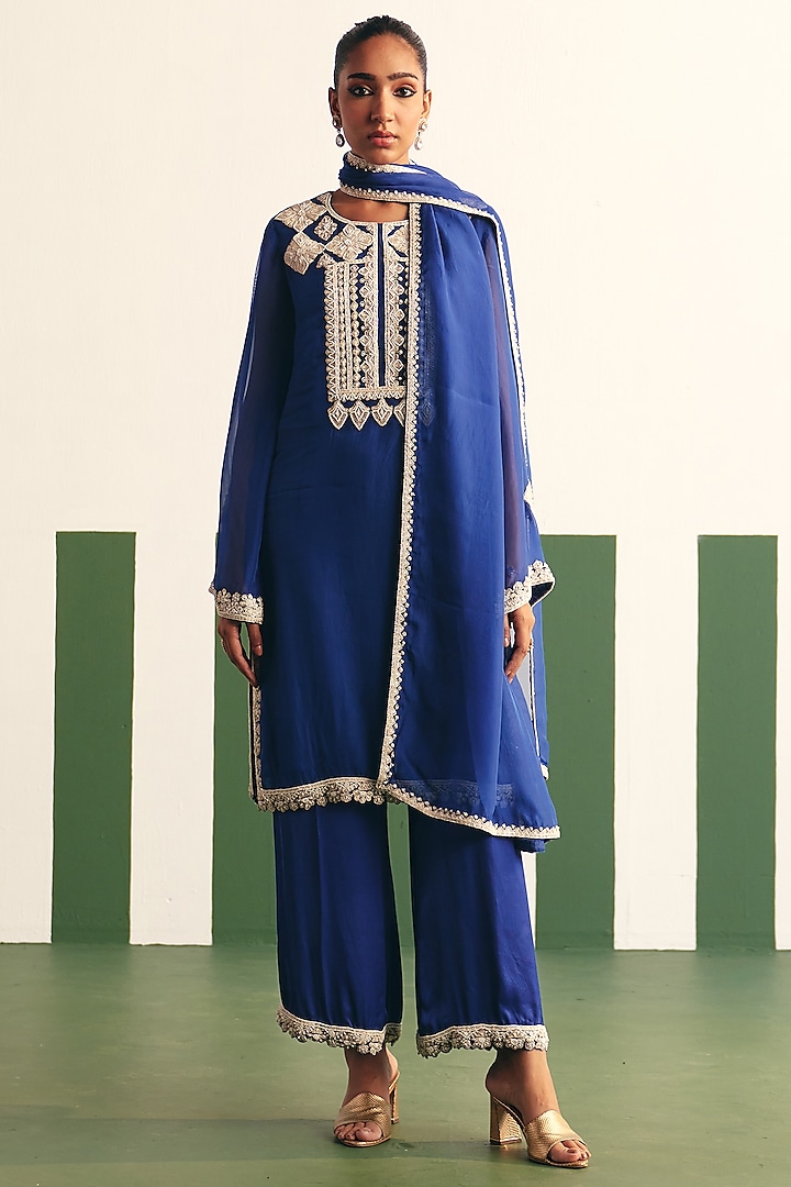 Cobalt Blue Organza Embroidered Kurta Set by THE KLUB BY REETI ARNEJA at Pernia's Pop Up Shop