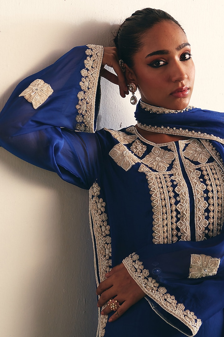 Cobalt Blue Organza Embroidered Kurta Set by THE KLUB BY REETI ARNEJA at Pernia's Pop Up Shop