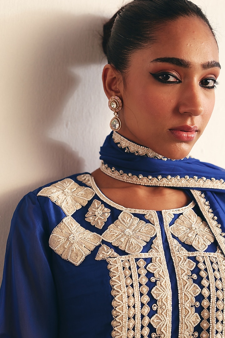 Cobalt Blue Organza Embroidered Kurta Set by THE KLUB BY REETI ARNEJA at Pernia's Pop Up Shop