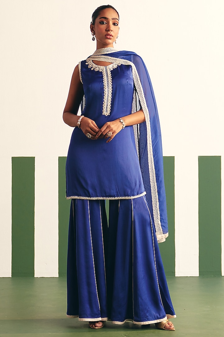 Cobalt Blue Cotton Satin Gharara Set by THE KLUB BY REETI ARNEJA at Pernia's Pop Up Shop