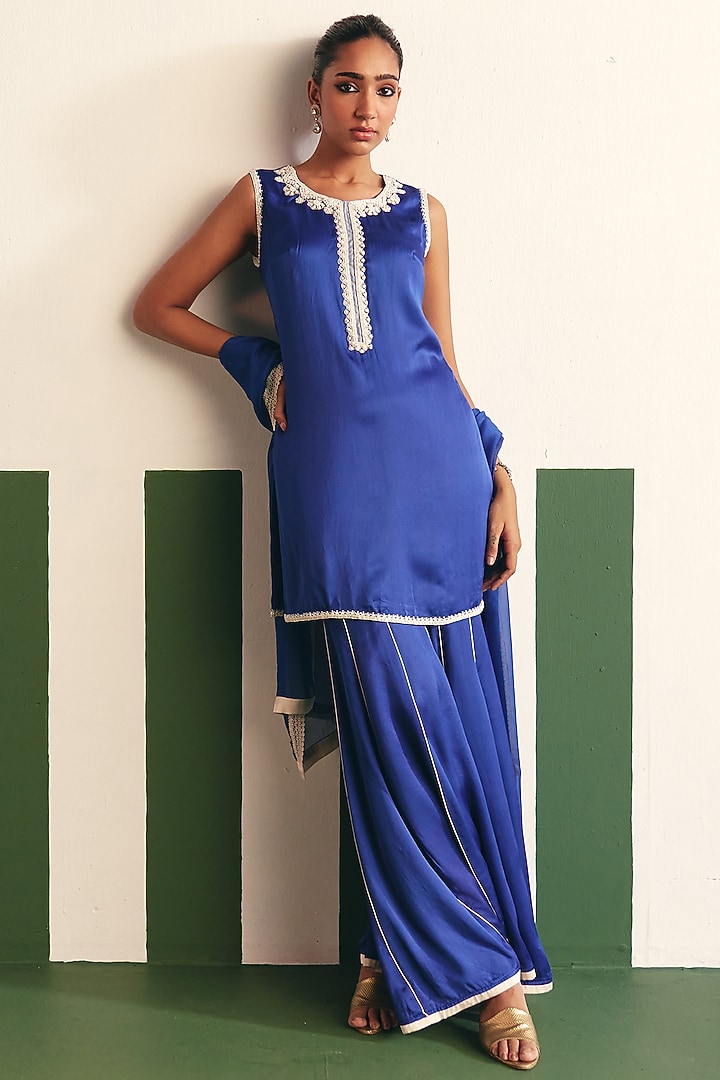 Cobalt Blue Cotton Satin Gharara Set by THE KLUB BY REETI ARNEJA at Pernia's Pop Up Shop