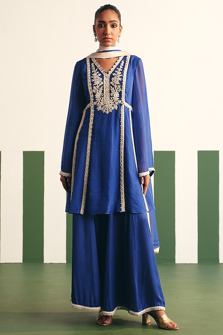 Cobalt Blue Cotton Satin Party Wear Sharara Set by THE KLUB BY REETI ARNEJA at Pernia's Pop Up Shop