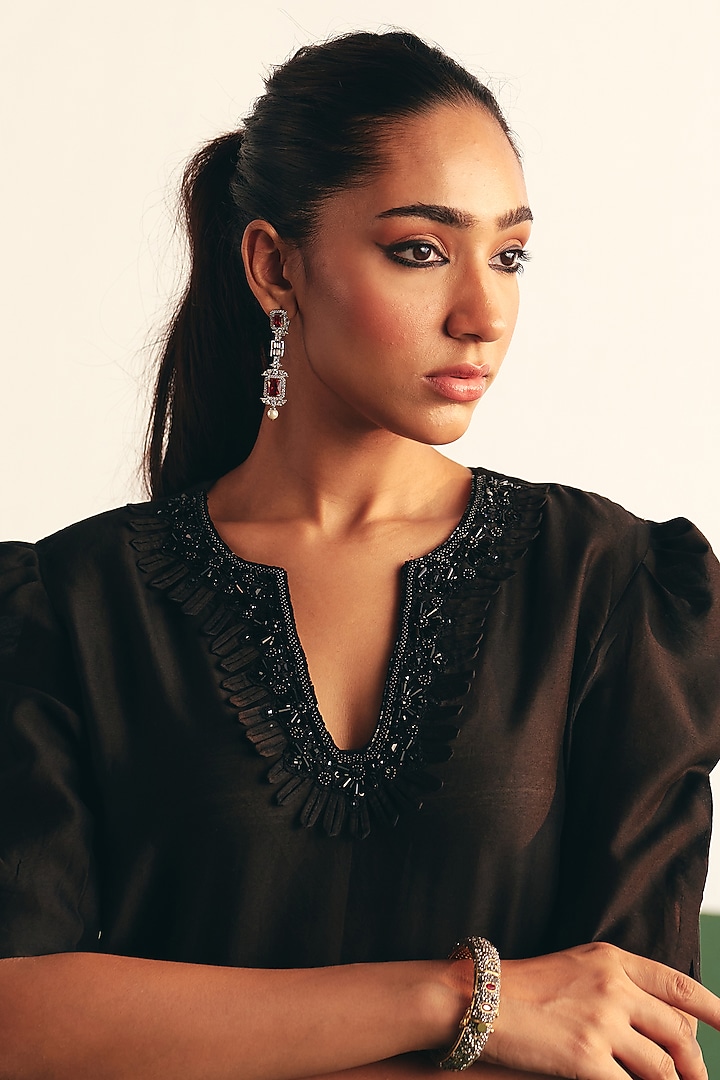 Black Chanderi Embroidered Kurta Set by THE KLUB BY REETI ARNEJA at Pernia's Pop Up Shop