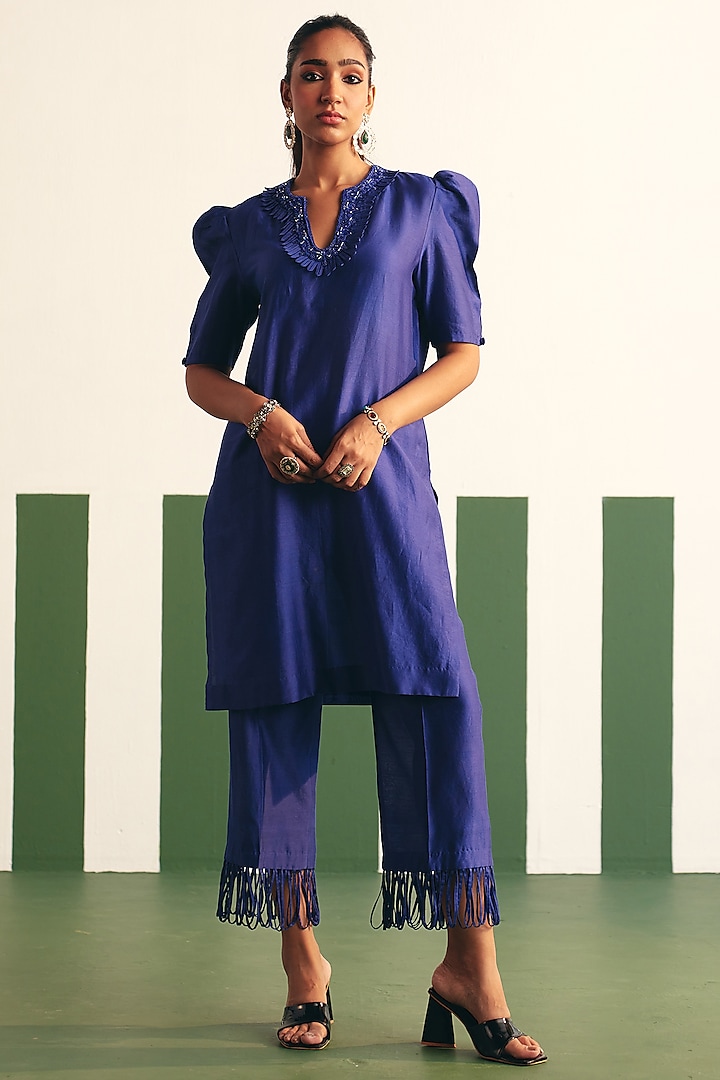 Ink Blue Chanderi Embroidered Kurta Set by Reeti Arneja at Pernia's Pop Up Shop