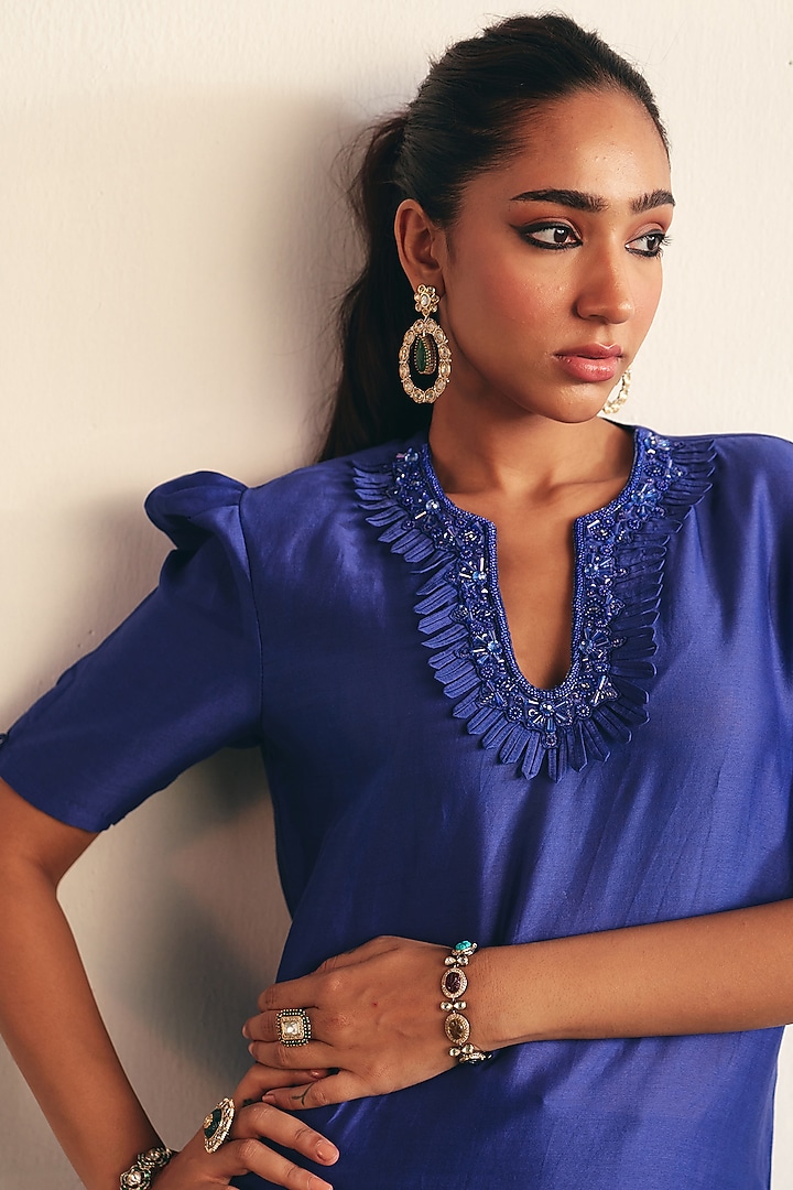 Ink Blue Chanderi Embroidered Kurta Set by THE KLUB BY REETI ARNEJA at Pernia's Pop Up Shop