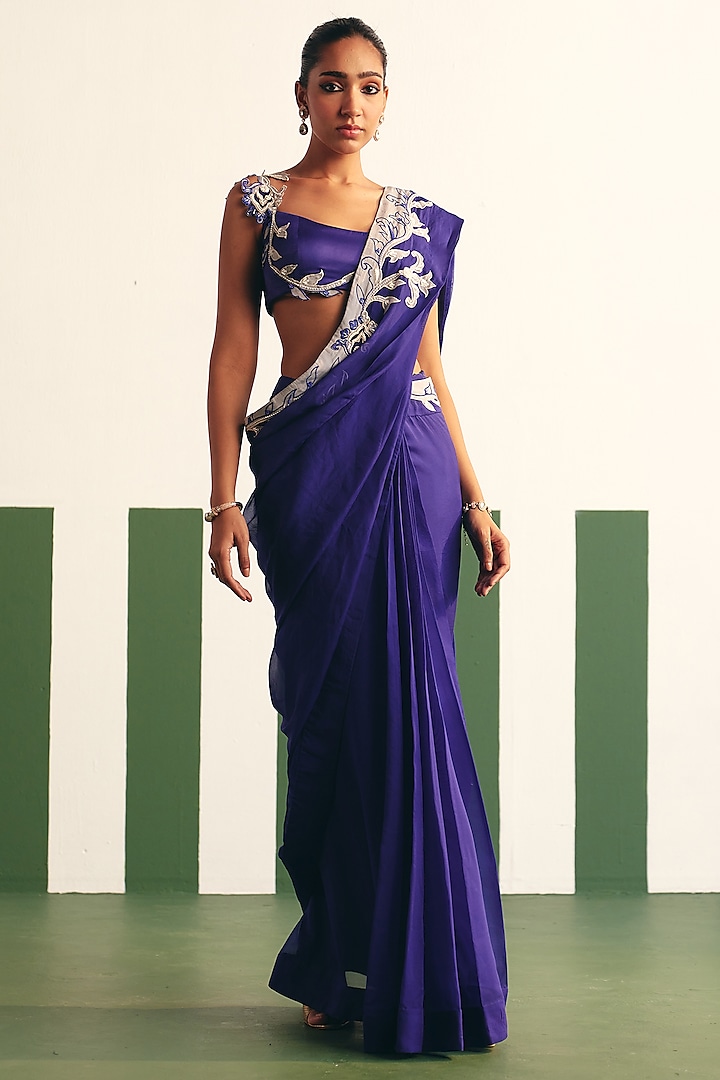 Ink Blue Organza Pre-stitched Embroidered Saree Set by Reeti Arneja