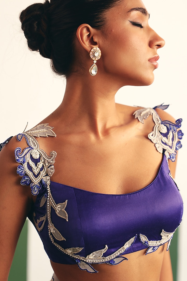 Ink Blue Organza Pre-stitched Embroidered Party Wear Saree Set by THE KLUB BY REETI ARNEJA at Pernia's Pop Up Shop
