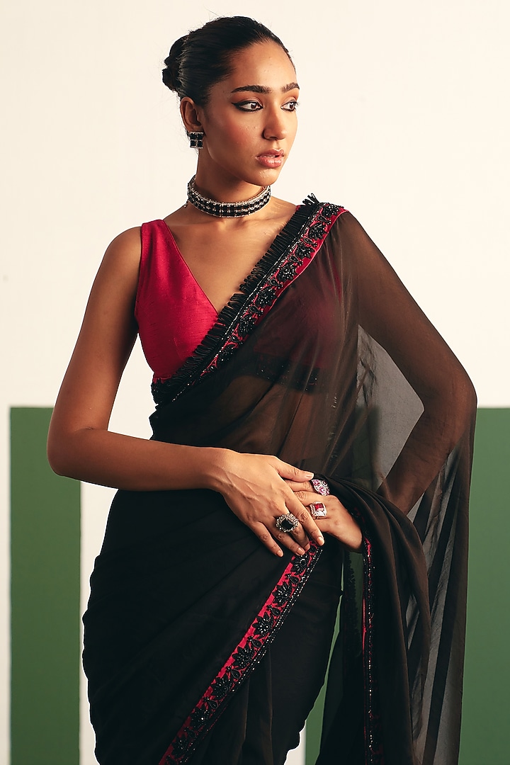 Black Organza Embroidered Wedding Saree Set by THE KLUB BY REETI ARNEJA at Pernia's Pop Up Shop