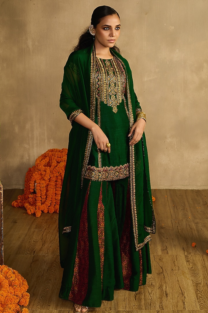 Forest Green Khadi Silk & Raw Silk Gharara Set by Reeti Arneja at Pernia's Pop Up Shop