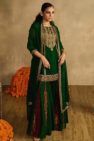 Green Raw Silk Gharara Set by Reeti Arneja