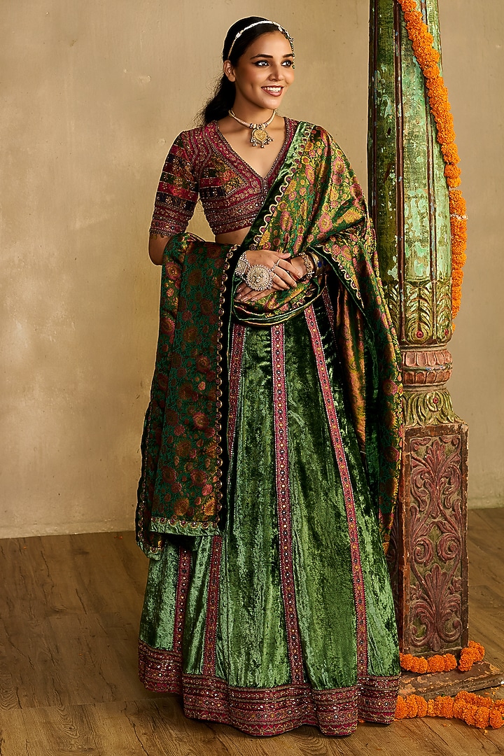 Multi-Colored Silk Velvet Kalidar Wedding Lehenga Set by Reeti Arneja at Pernia's Pop Up Shop