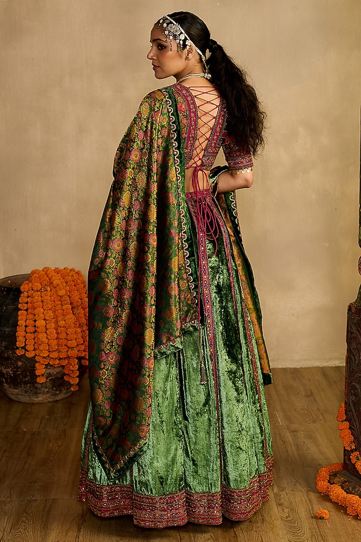 Multi-Colored Silk Velvet Embroidered Wedding Lehenga Set by Reeti Arneja at Pernia's Pop Up Shop