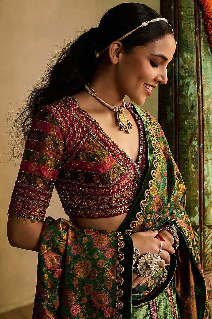Multi-Colored Silk Velvet Embroidered Wedding Lehenga Set by Reeti Arneja at Pernia's Pop Up Shop